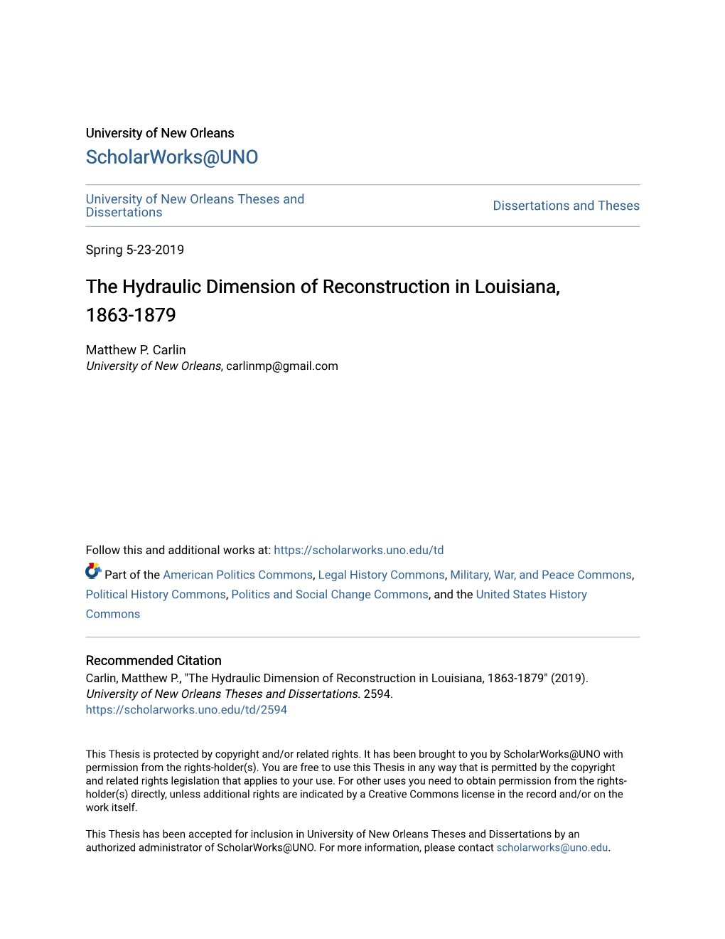 The Hydraulic Dimension of Reconstruction in Louisiana, 1863-1879