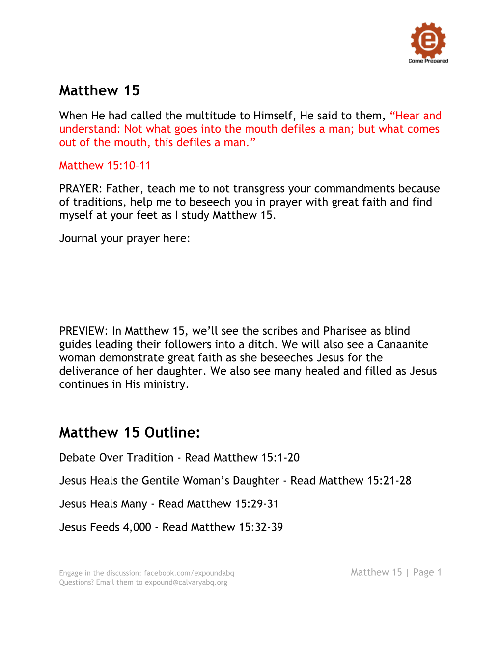 Matthew 15 Study Guide Handout