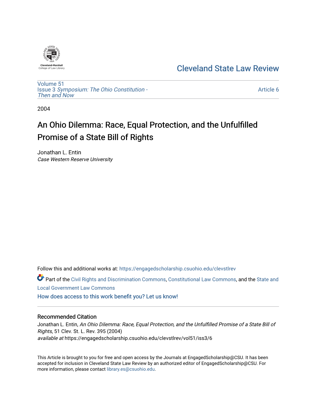 An Ohio Dilemma: Race, Equal Protection, and the Unfulfilled Promise of a State Bill of Rights