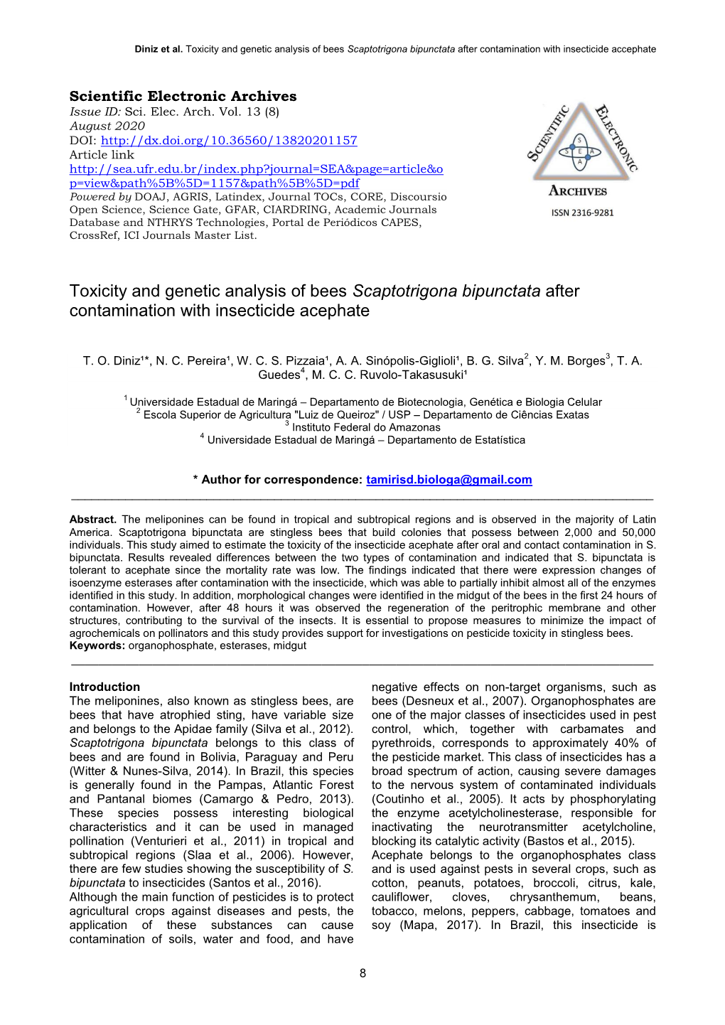 Toxicity and Genetic Analysis of Bees Scaptotrigona Bipunctata After Contamination with Insecticide Accephate