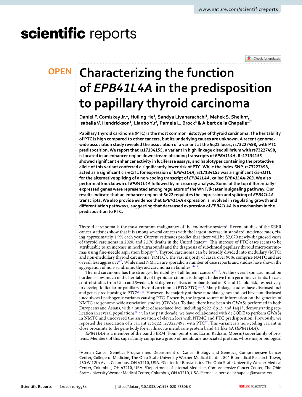 Characterizing the Function of EPB41L4A in the Predisposition to Papillary Thyroid Carcinoma Daniel F