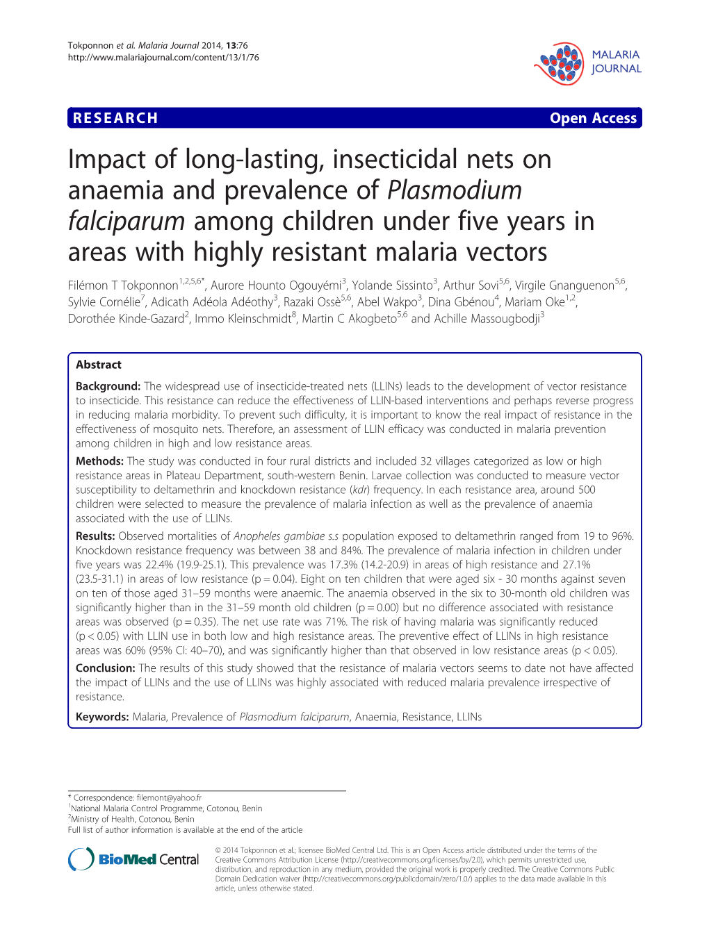 Impact of Long-Lasting, Insecticidal Nets on Anaemia and Prevalence Of