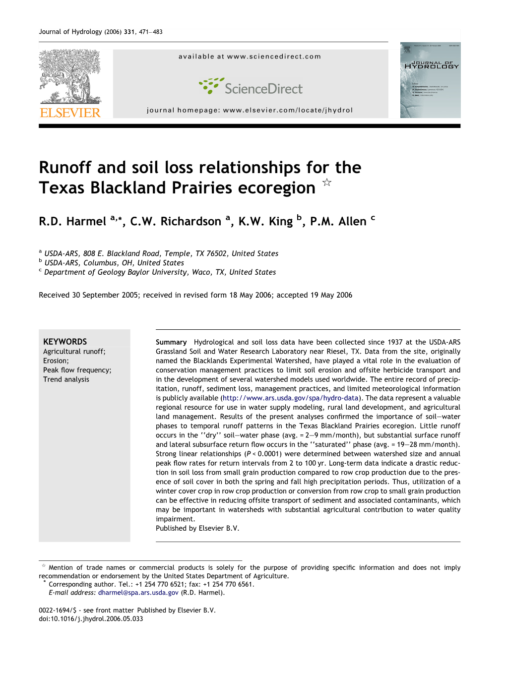 Runoff and Soil Loss Relationships for the Texas Blackland Prairies Ecoregion Q