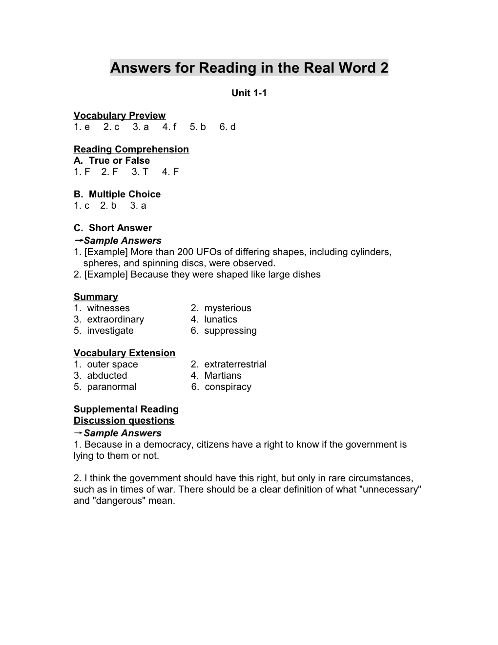 Answers for Reading in the Real Word 2