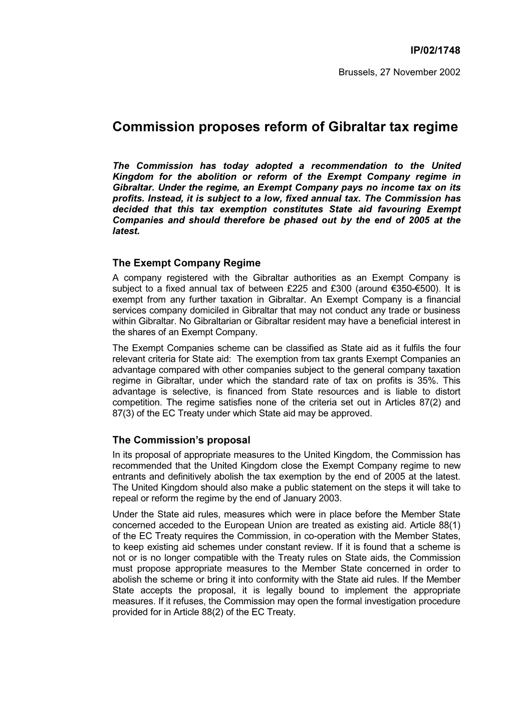 Commission Proposes Reform of Gibraltar Tax Regime