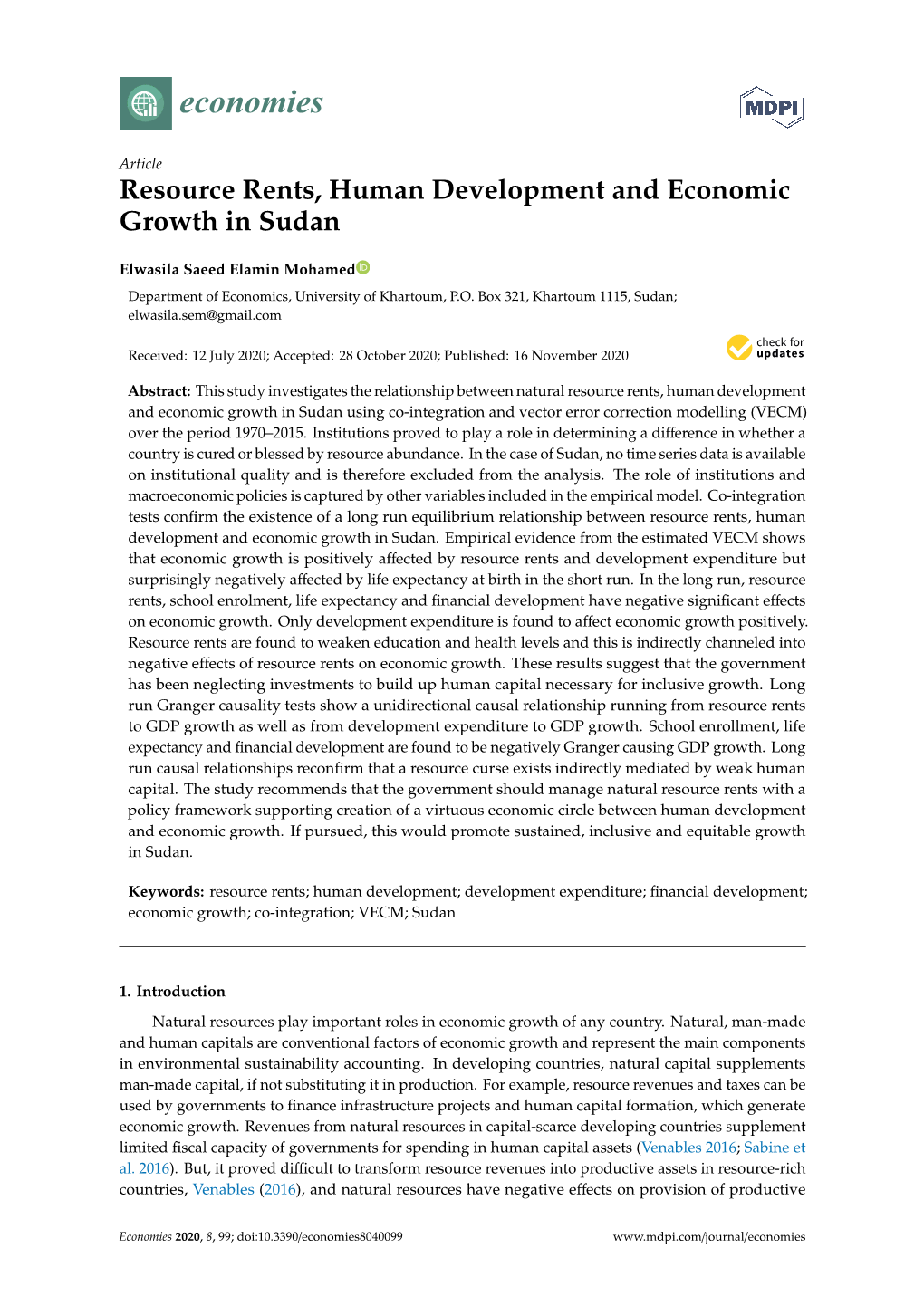 Resource Rents, Human Development and Economic Growth in Sudan