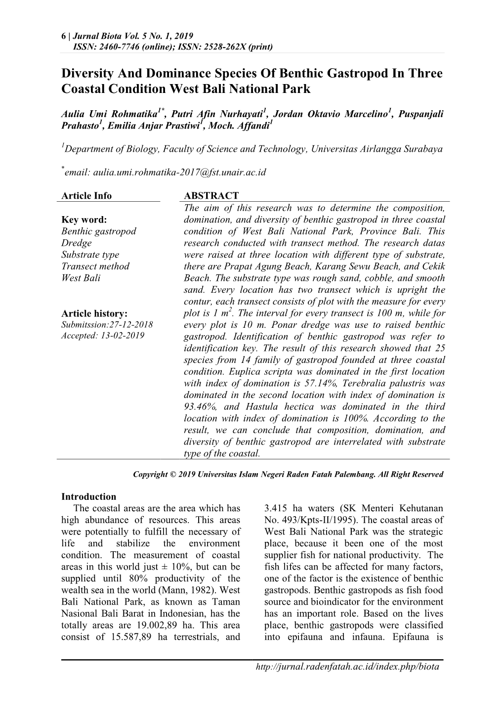 Diversity and Dominance Species of Benthic Gastropod in Three Coastal Condition West Bali National Park