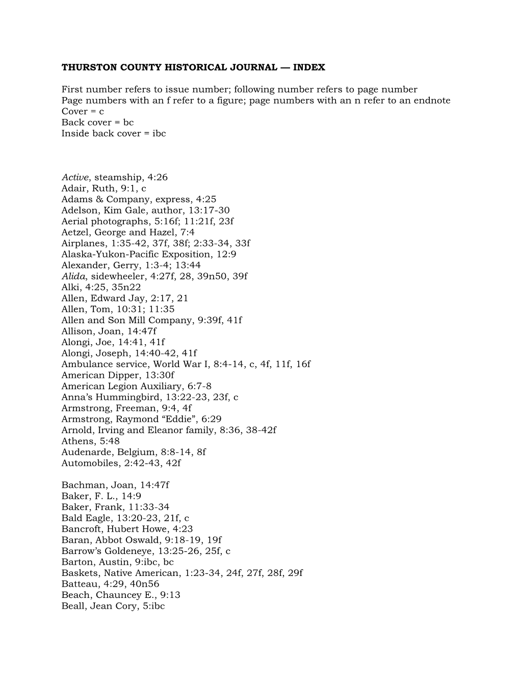 Thurston County Historical Journal Index