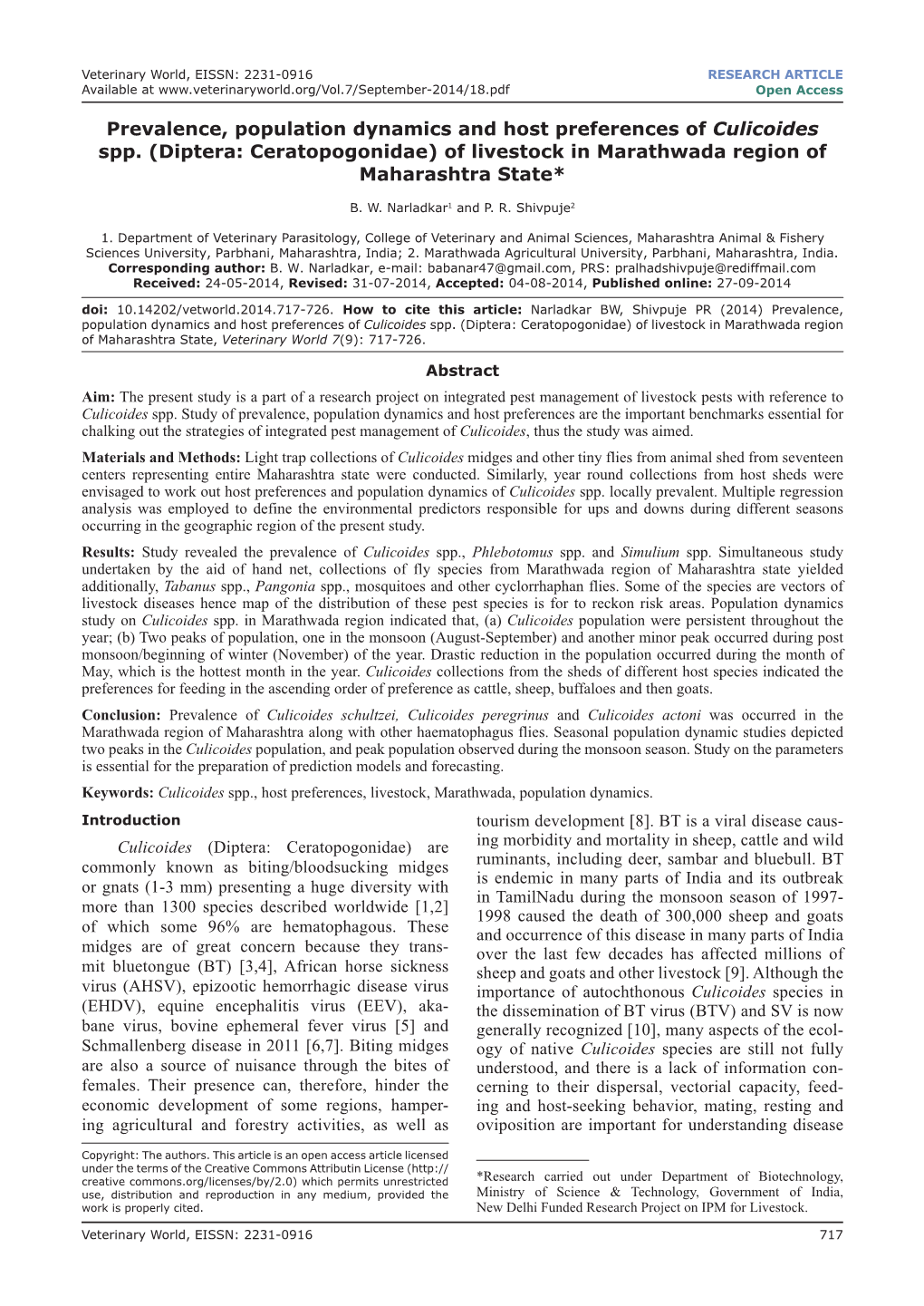 Diptera: Ceratopogonidae) of Livestock in Marathwada Region of Maharashtra State*