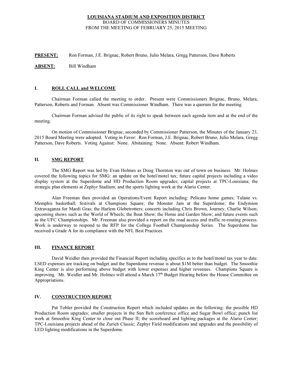 Louisiana Stadium and Exposition District Board of Commissioners Minutes from the Meeting of February 25, 2015 Meeting