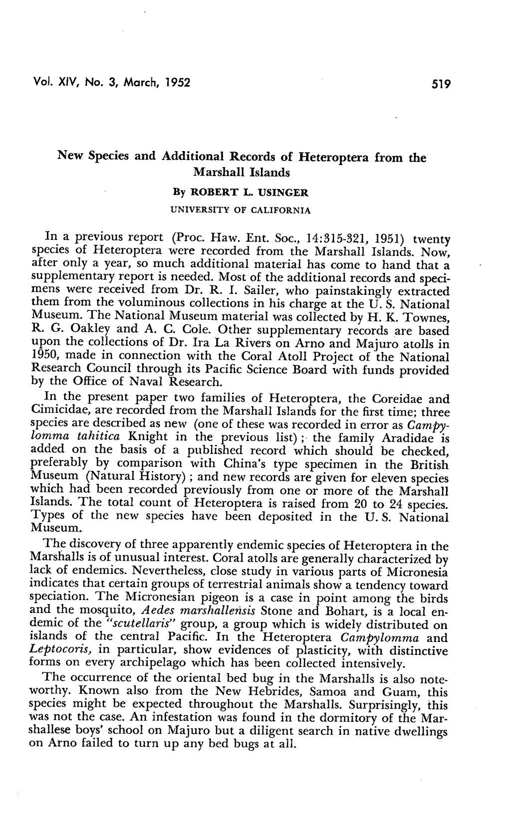 R. G. Oakley and A. C. Cole. Other Supplementary Records Are Based Marshalls Is of Unusual Interest. Coral Atolls Are Generally