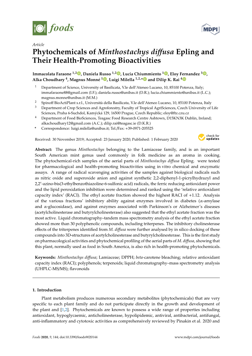 Phytochemicals of Minthostachys Di Ffusa Epling and Their Health