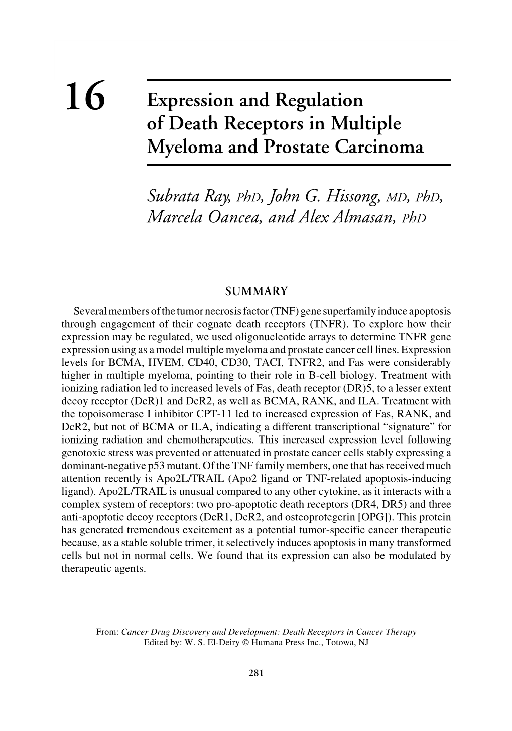 16 Expression and Regulation of Death Receptors in Multiple Myeloma and Prostate Carcinoma