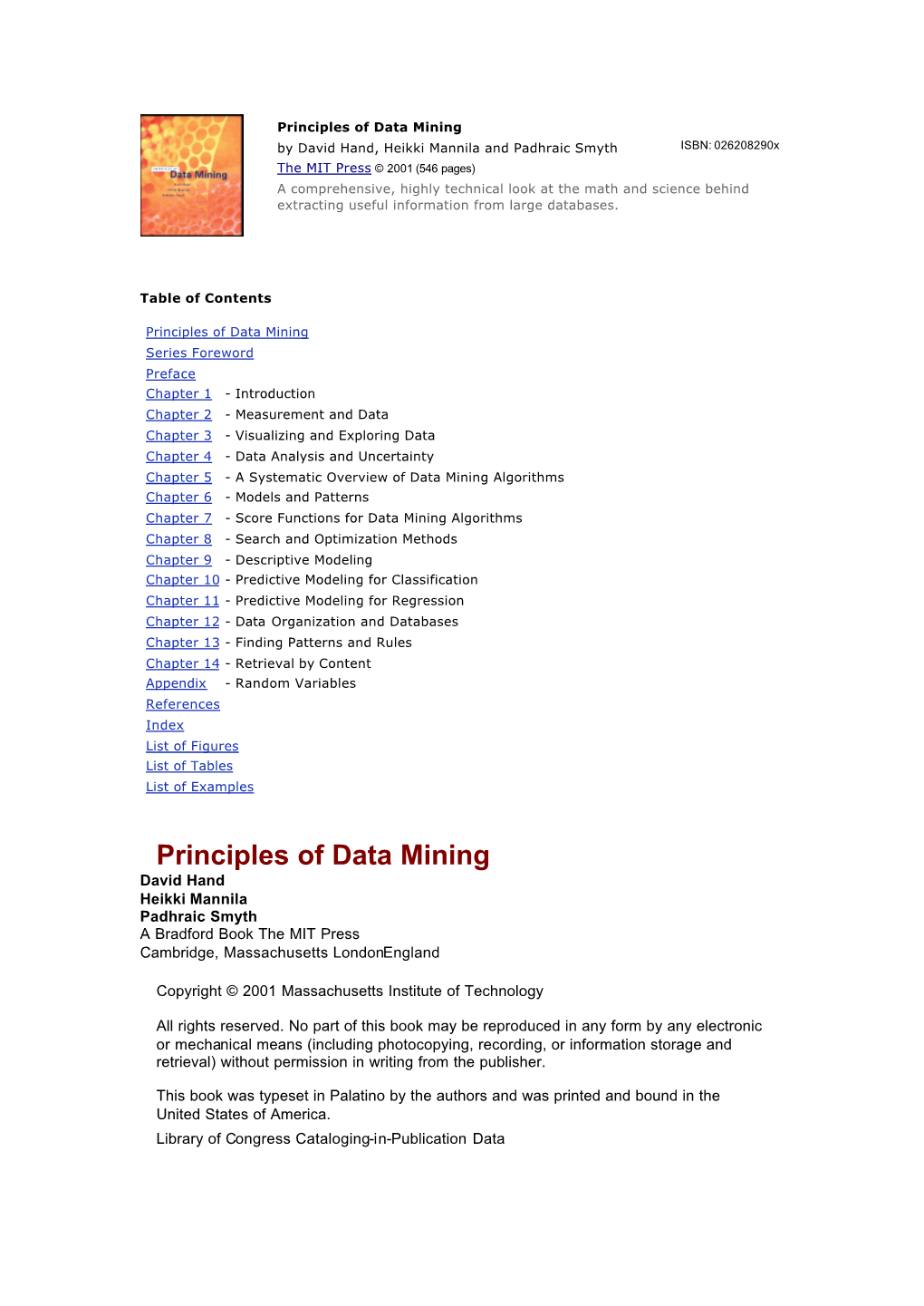 Principles of Data Mining [Hand, Mannila & Smyt