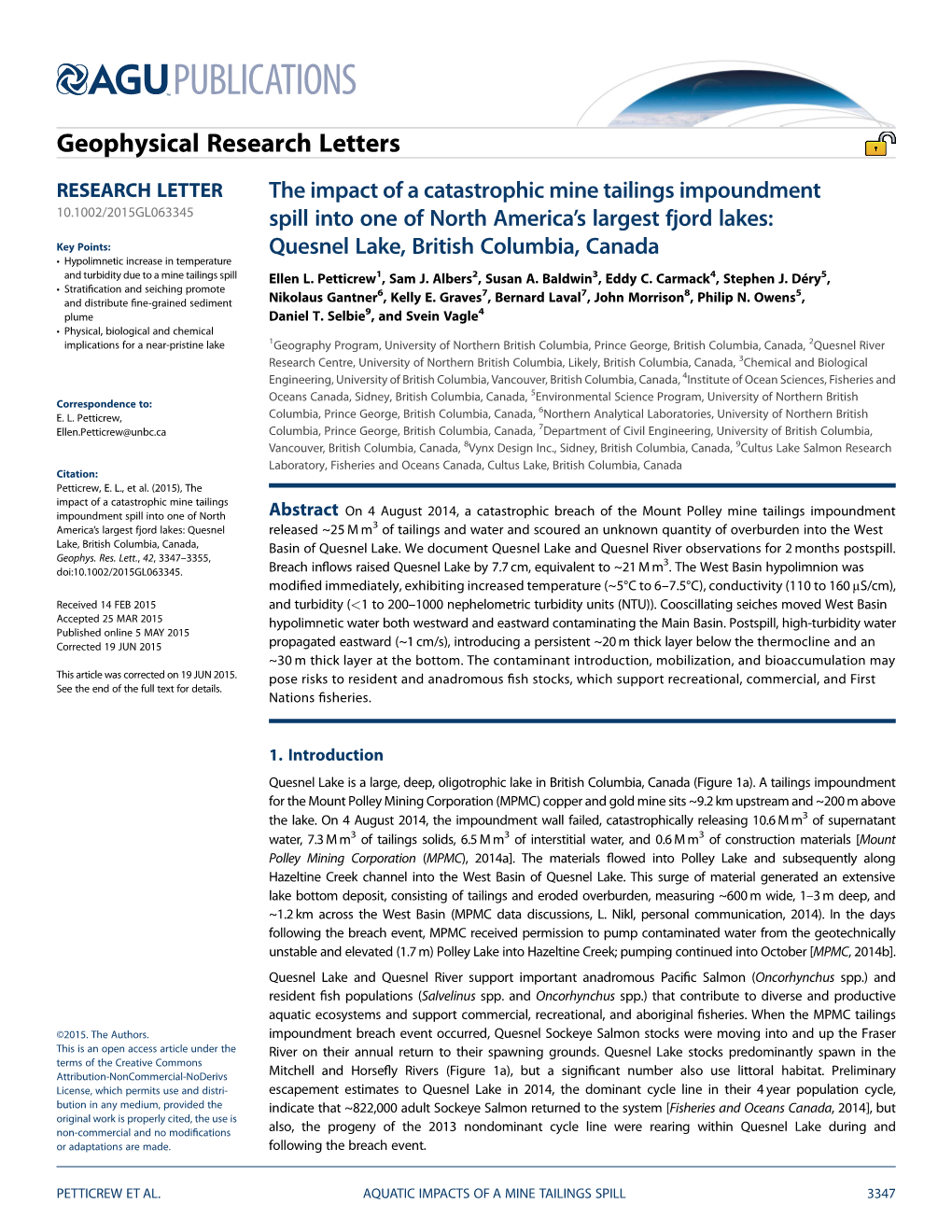 The Impact of a Catastrophic Mine Tailings Impoundment Spill Into One