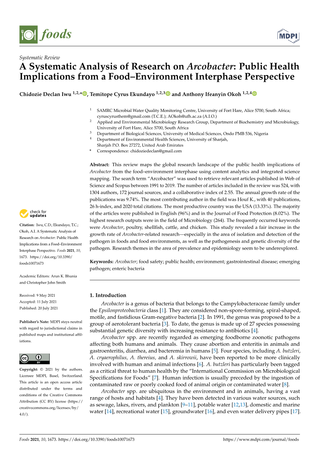 A Systematic Analysis of Research on Arcobacter: Public Health Implications from a Food–Environment Interphase Perspective