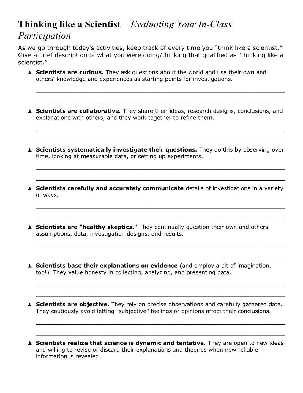 Thinking Like a Scientist Evaluating Your In-Class Participation