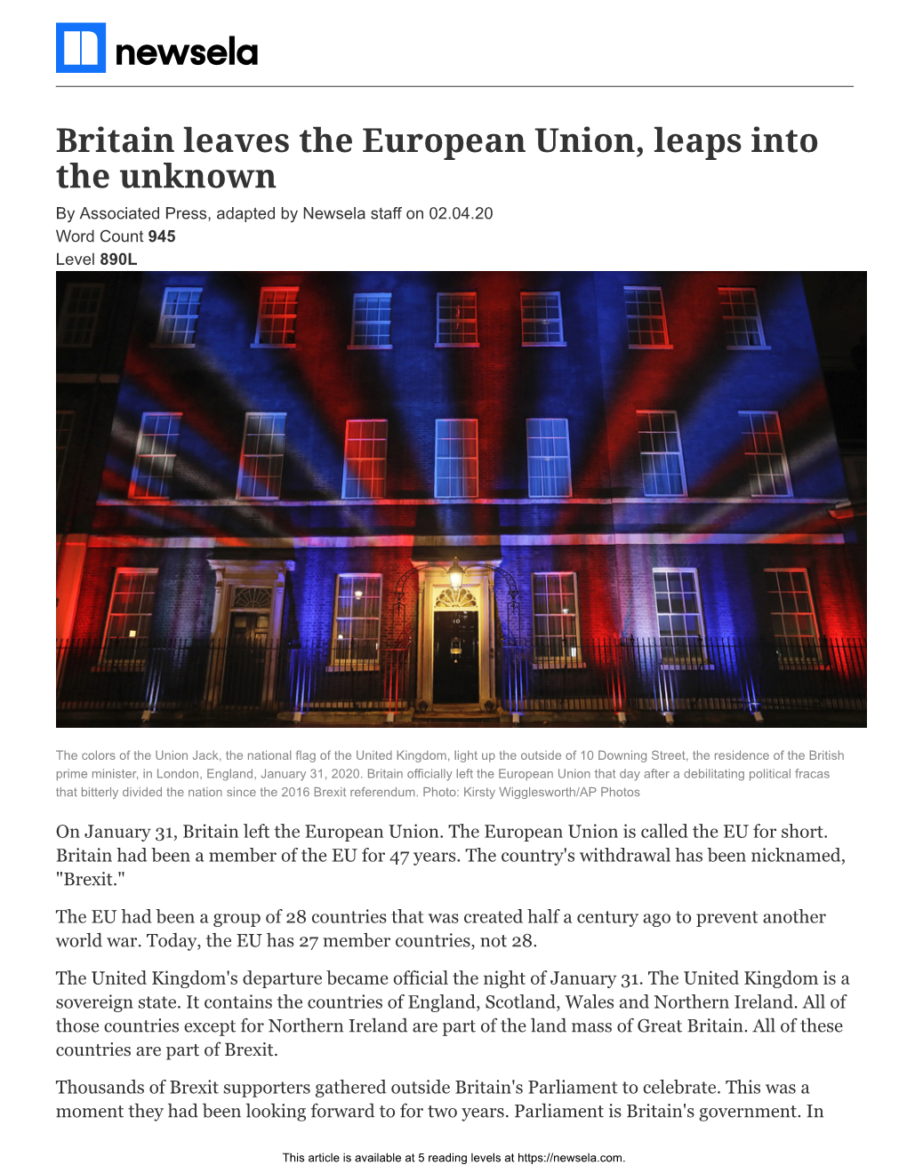 Britain Leaves the European Union, Leaps Into the Unknown by Associated Press, Adapted by Newsela Staff on 02.04.20 Word Count 945 Level 890L