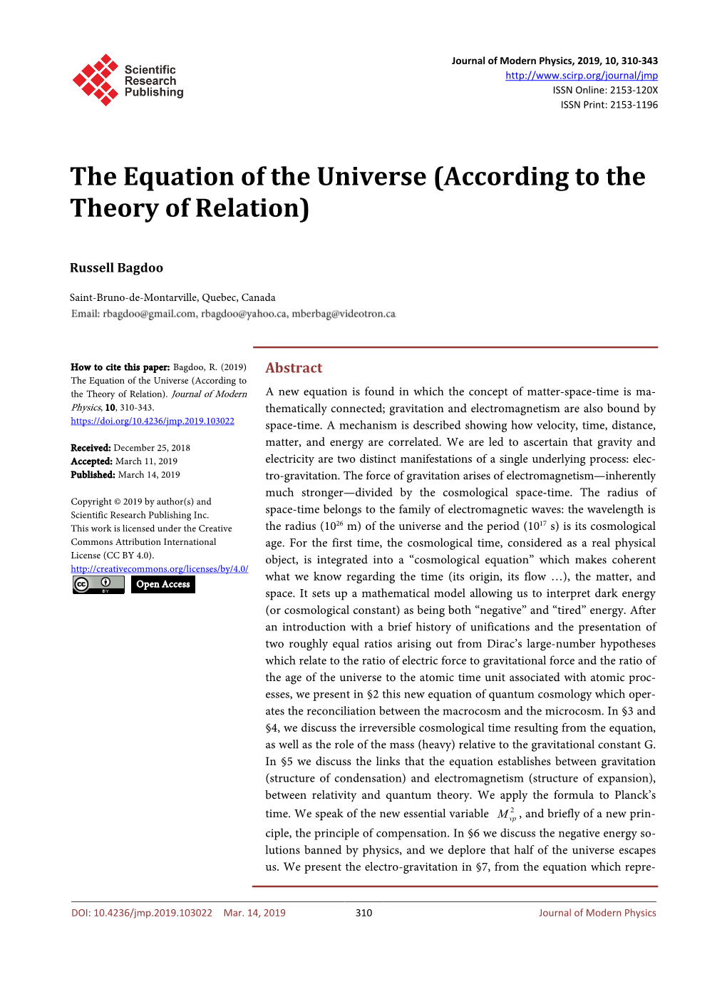 The Equation of the Universe (According to the Theory of Relation)
