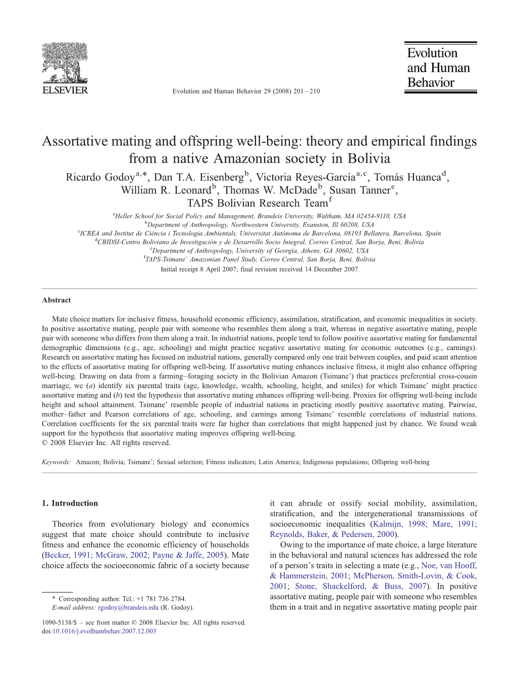 Assortative Mating and Offspring Well-Being: Theory and Empirical Findings from a Native Amazonian Society in Bolivia ⁎ Ricardo Godoya, , Dan T.A