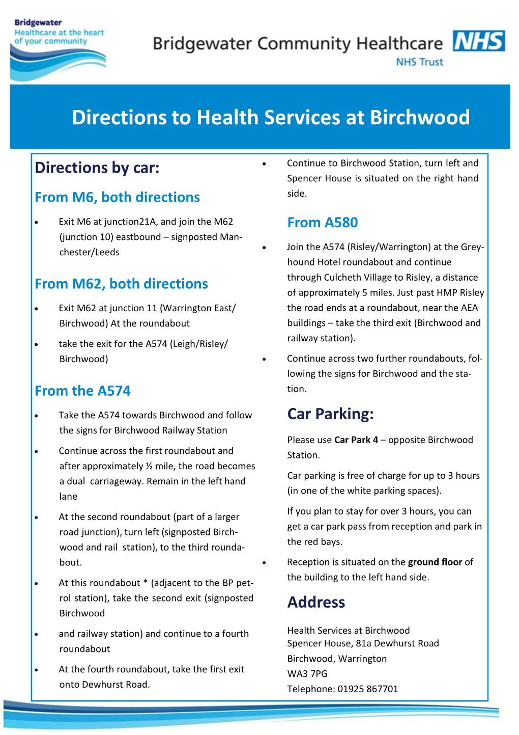 Directions to Health Services at Birchwood