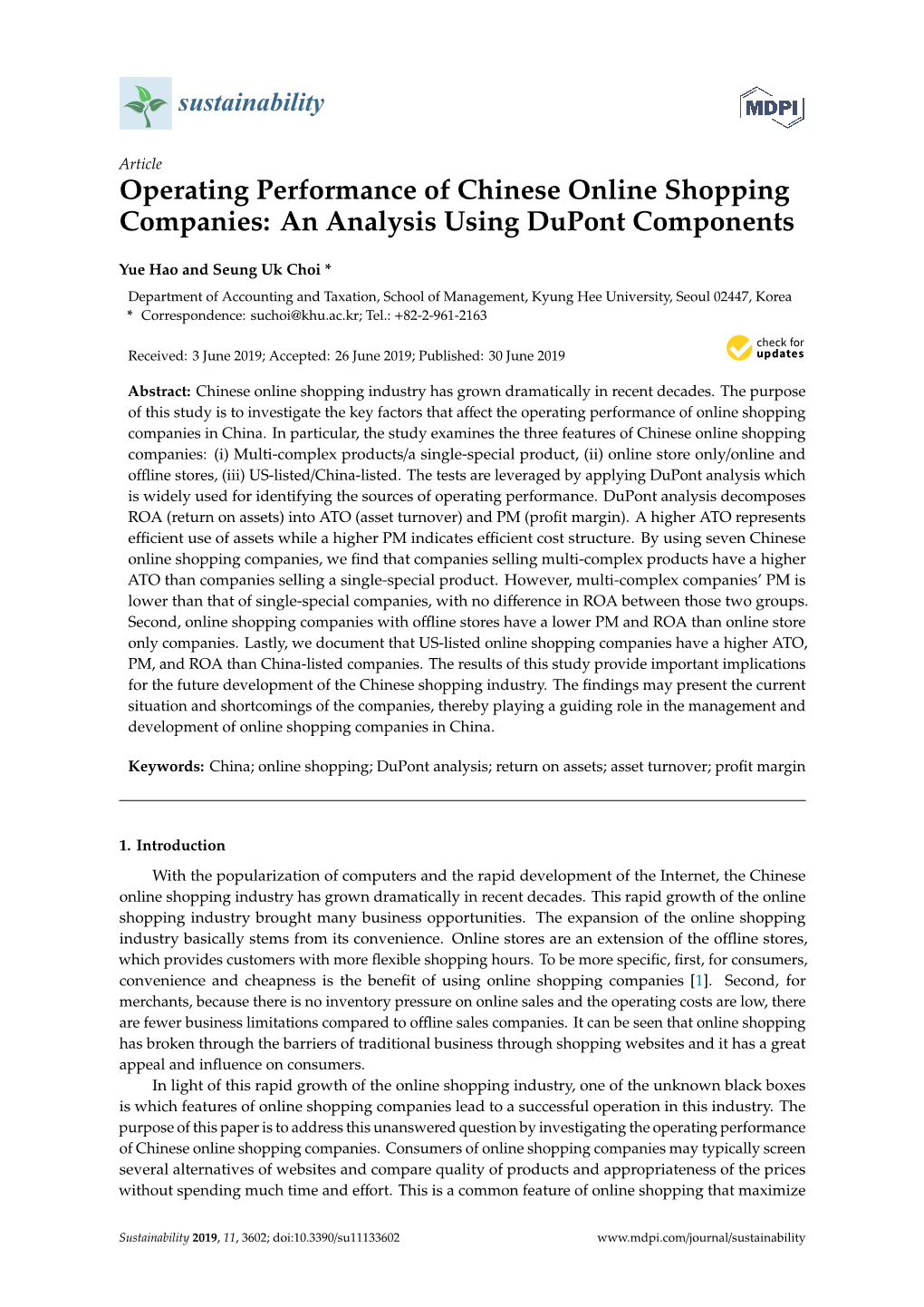 Operating Performance of Chinese Online Shopping Companies: an Analysis Using Dupont Components