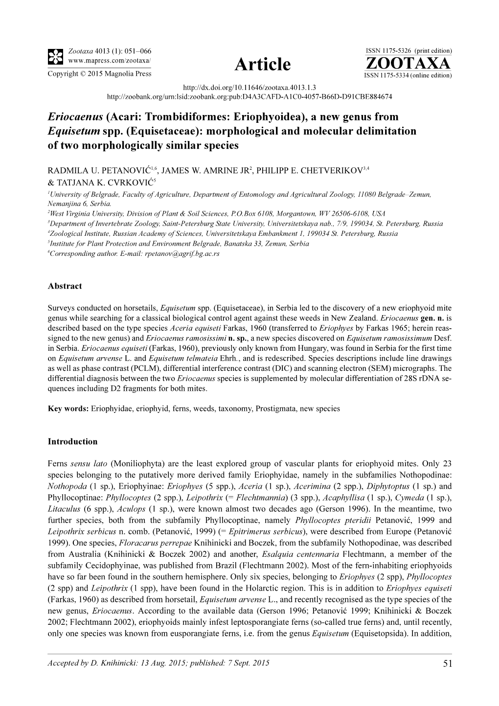 Acari: Trombidiformes: Eriophyoidea), a New Genus from Equisetum Spp