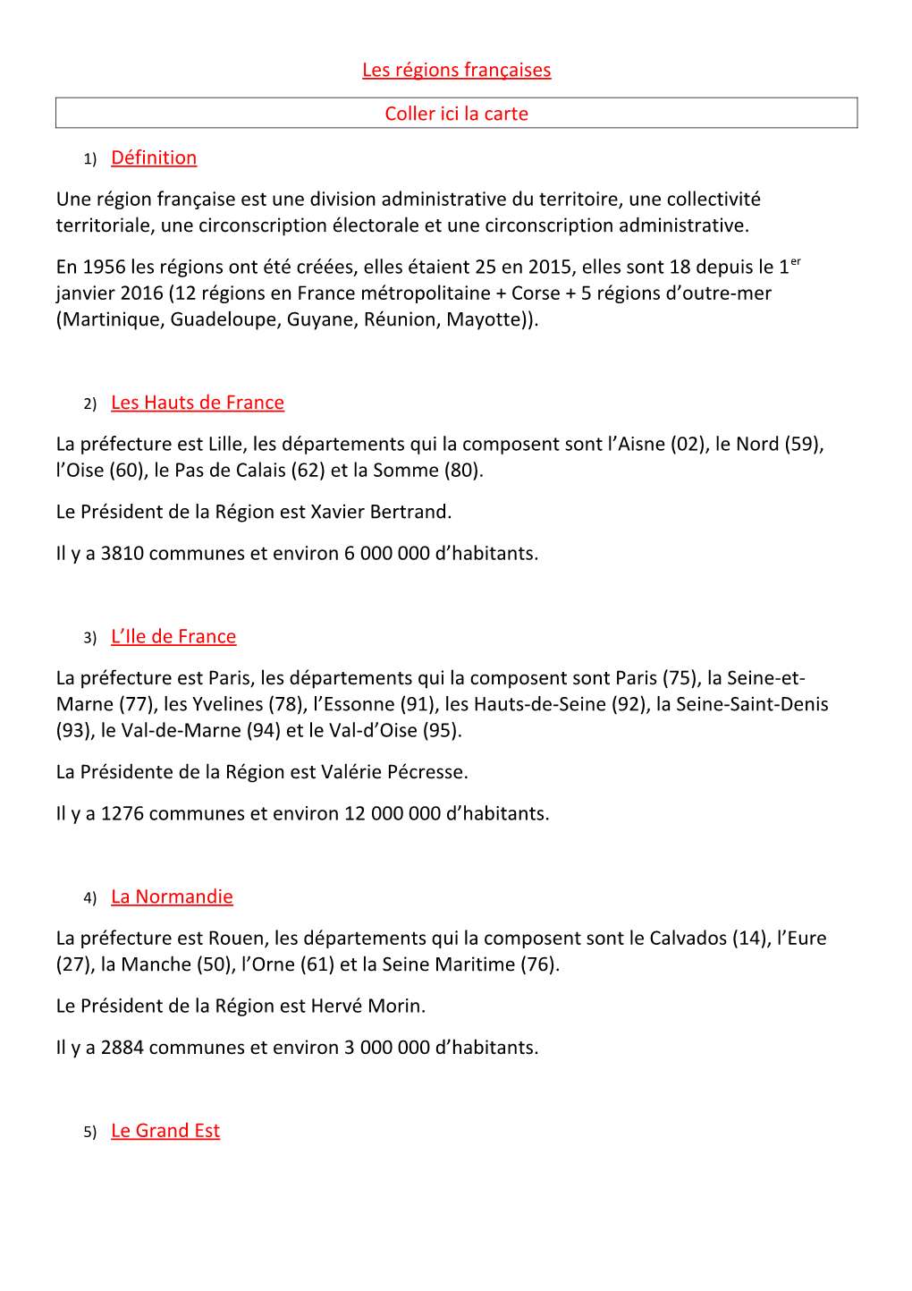 Les Régions Françaises Coller Ici La Carte 1) Définition Une Région