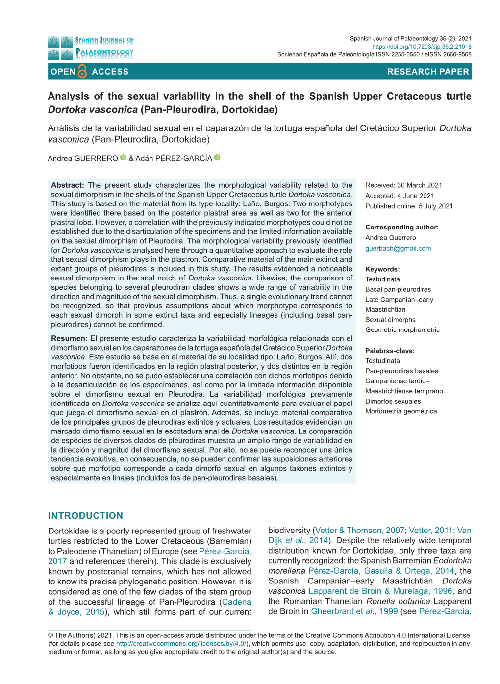 Analysis of the Sexual Variability in the Shell of the Spanish Upper Cretaceous Turtle Dortoka Vasconica (Pan-Pleurodira, Dortok