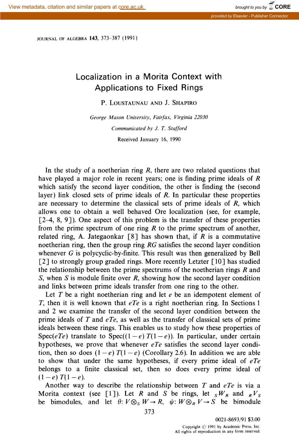 Localization in a Morita Context with Applications to Fixed Rings