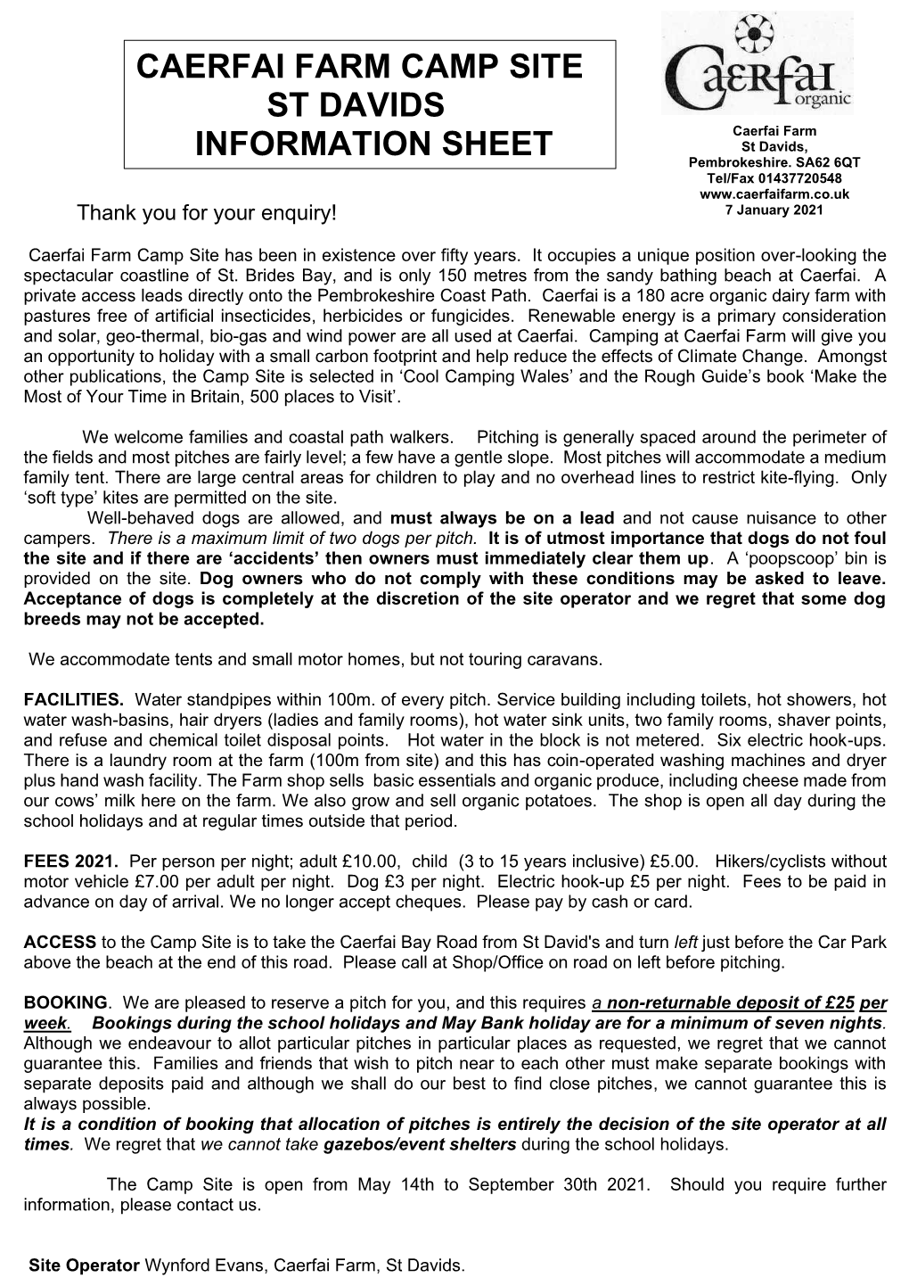 Caerfai Farm Camp Site St Davids Information Sheet