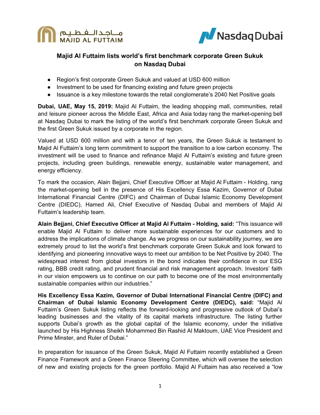 Majid Al Futtaim Lists World's First Benchmark Corporate Green Sukuk