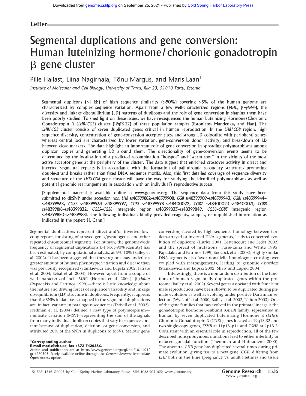 Segmental Duplications and Gene Conversion: Human Luteinizing Hormone/Chorionic Gonadotropin ␤ Gene Cluster