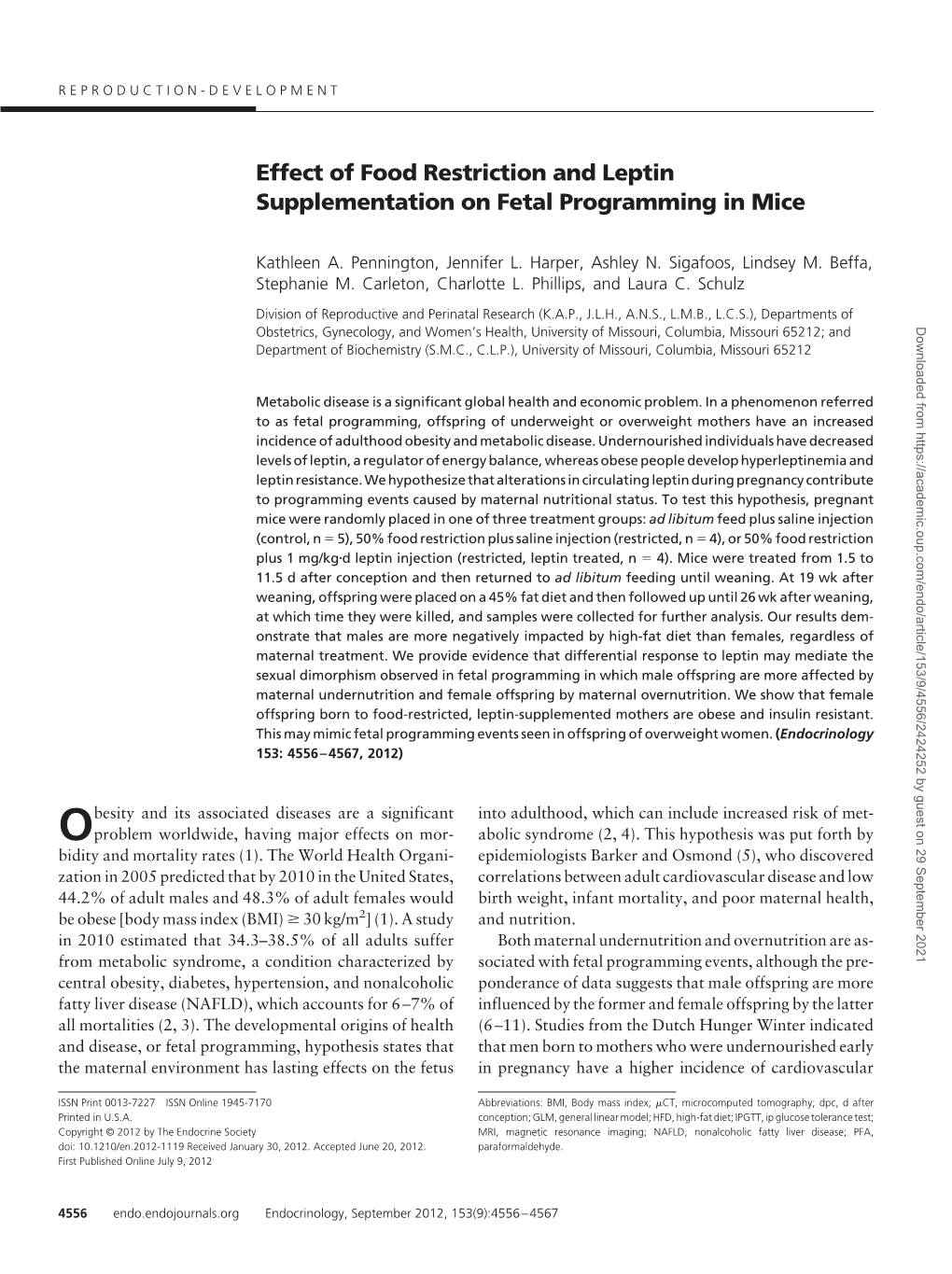 Effect of Food Restriction and Leptin Supplementation on Fetal Programming in Mice