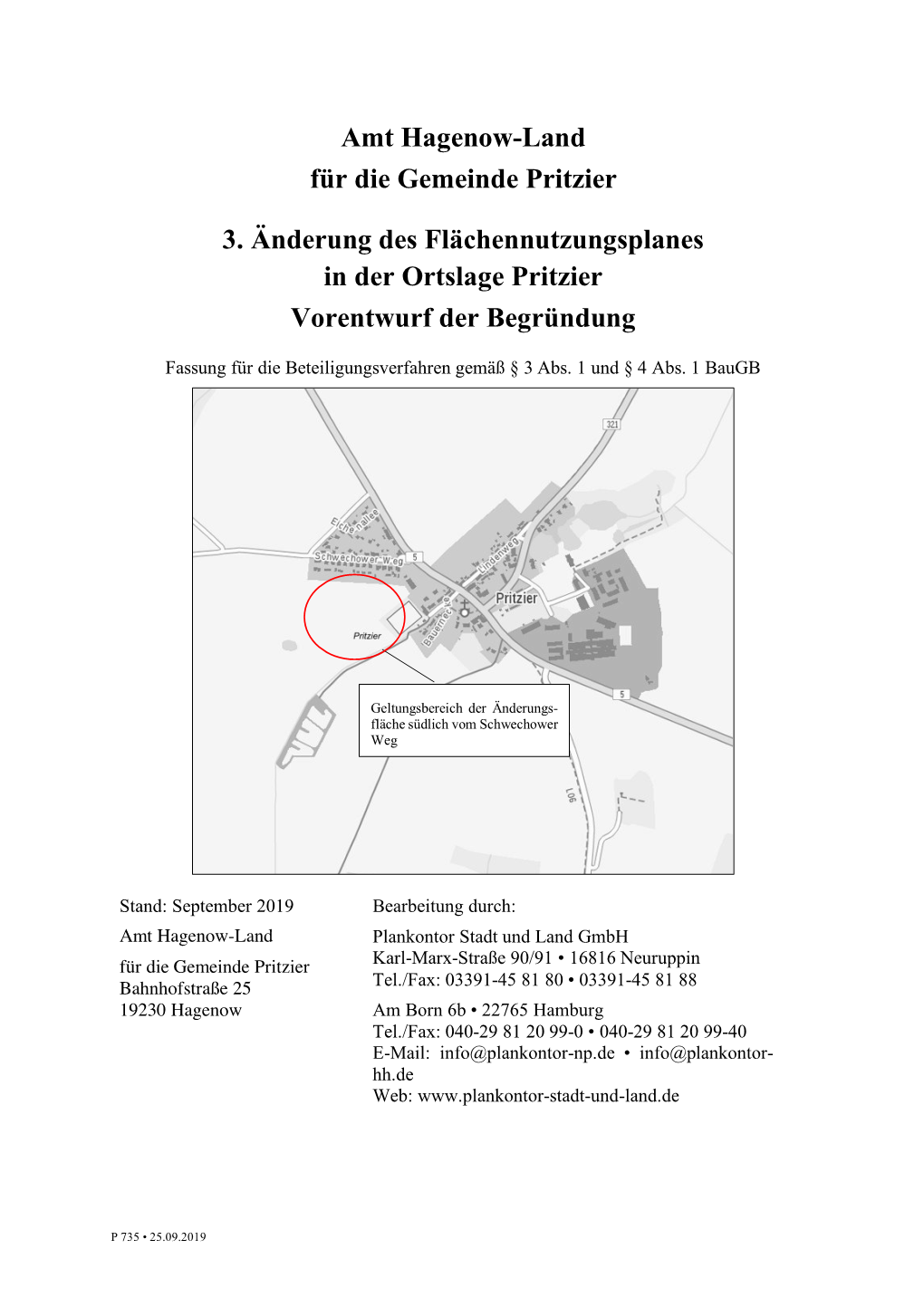 Amt Hagenow-Land Für Die Gemeinde Pritzier 3. Änderung Des Flächennutzungsplanes in Der Ortslage Pritzier Vorentwurf Der