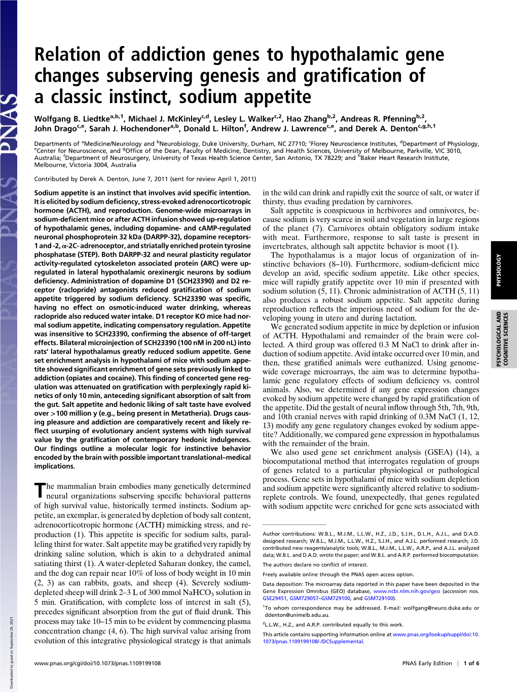 Relation of Addiction Genes to Hypothalamic Gene Changes Subserving Genesis and Gratification of a Classic Instinct, Sodium Appe