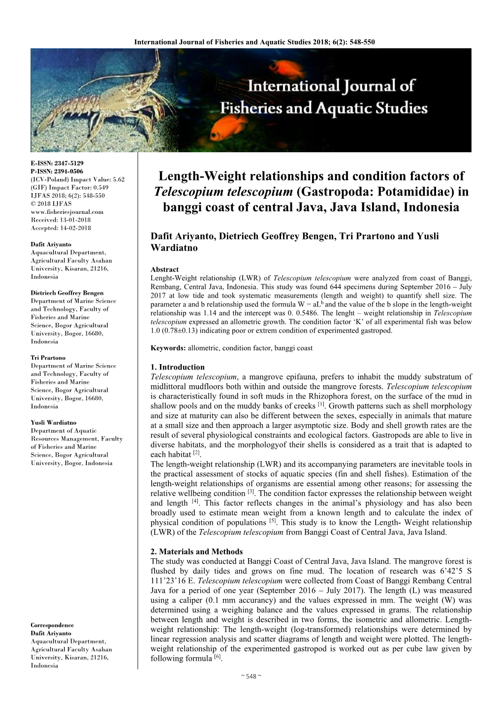 Length-Weight Relationships and Condition Factors of Telescopium Telescopium (Gastropoda: Potamididae) in Banggi Coast of Centra