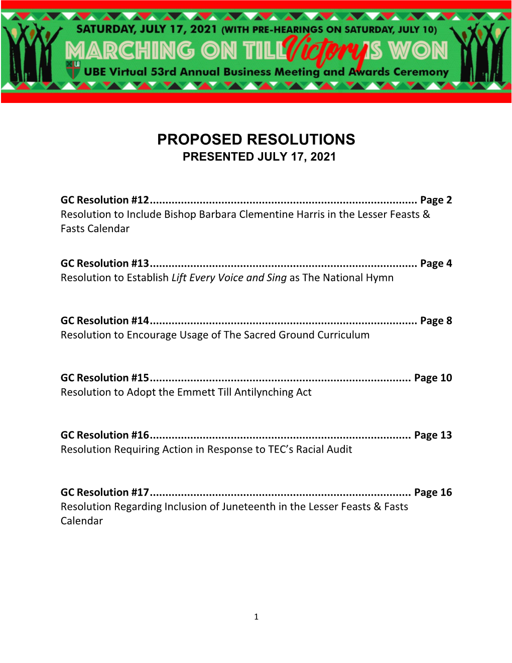 Proposed Resolutions Presented July 17, 2021