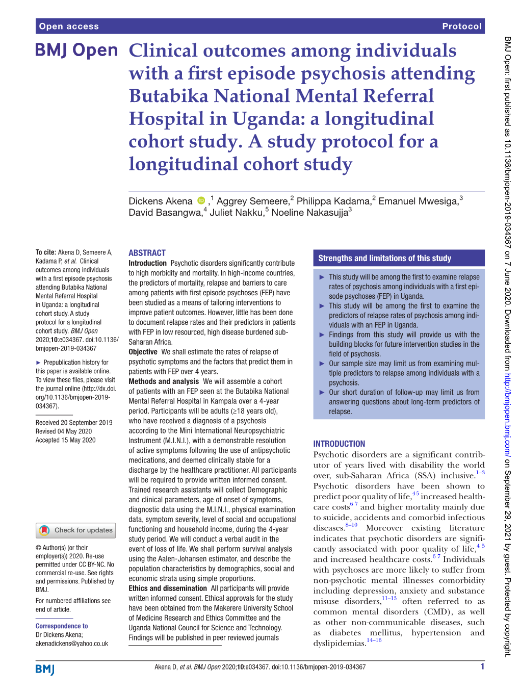 Clinical Outcomes Among Individuals with a First Episode Psychosis Attending Butabika National Mental Referral Hospital in Uganda: a Longitudinal Cohort Study