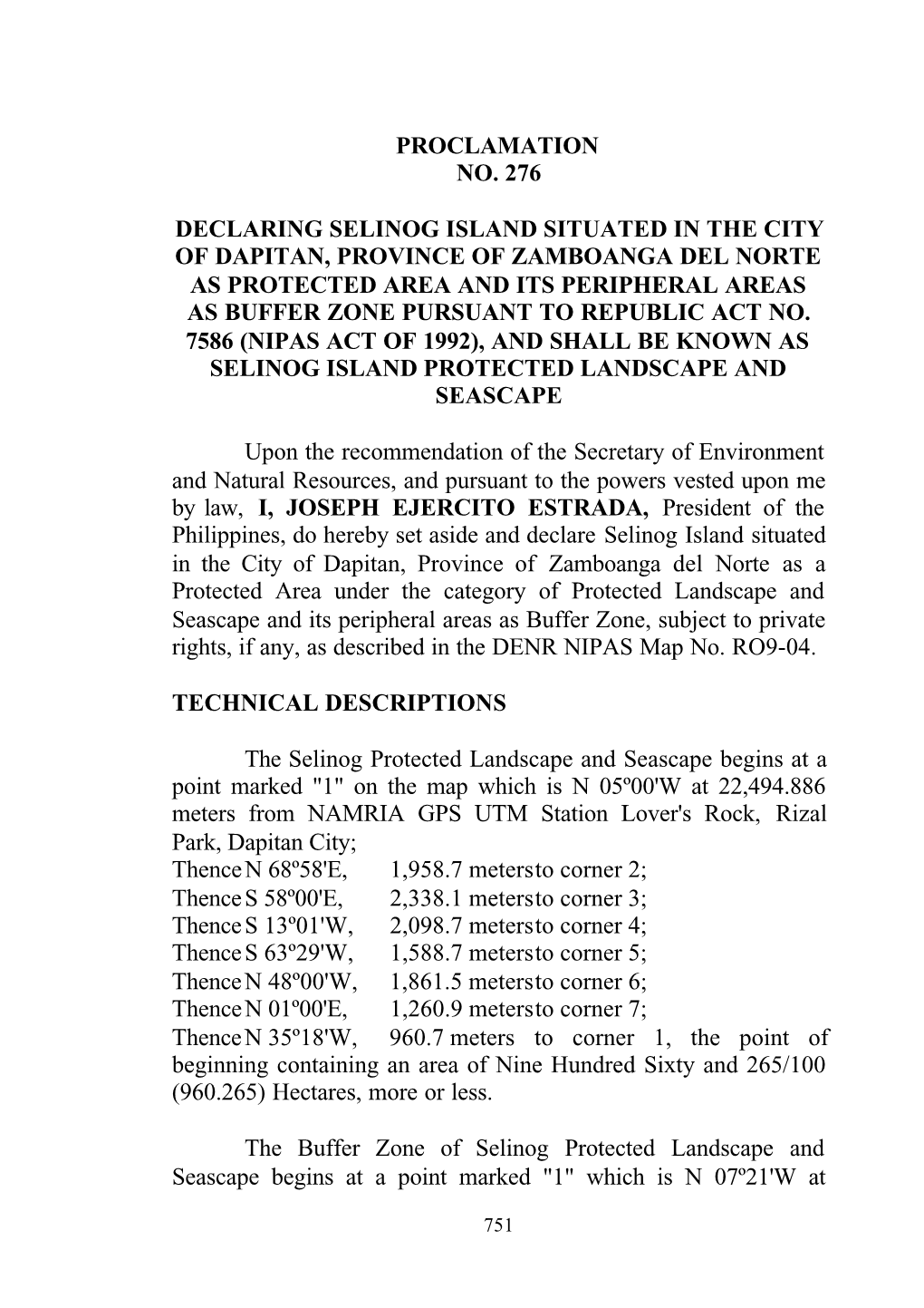 Proclamation No. 276 Declaring Selinog Island Situated in the City of Dapitan, Province of Zamboanga Del Norte As Protected Area