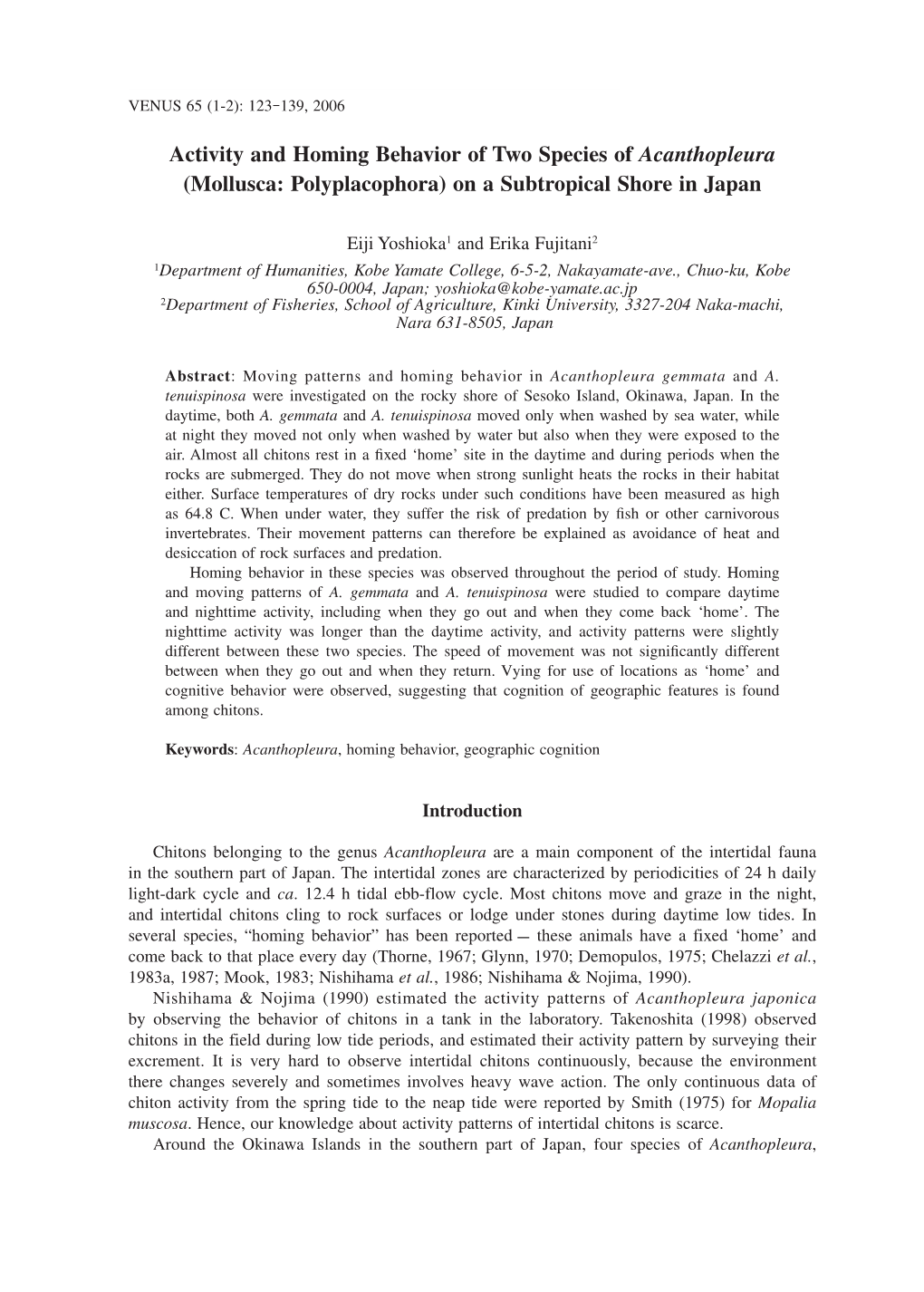 Activity and Homing Behavior of Two Species of Acanthopleura (Mollusca: Polyplacophora) on a Subtropical Shore in Japan