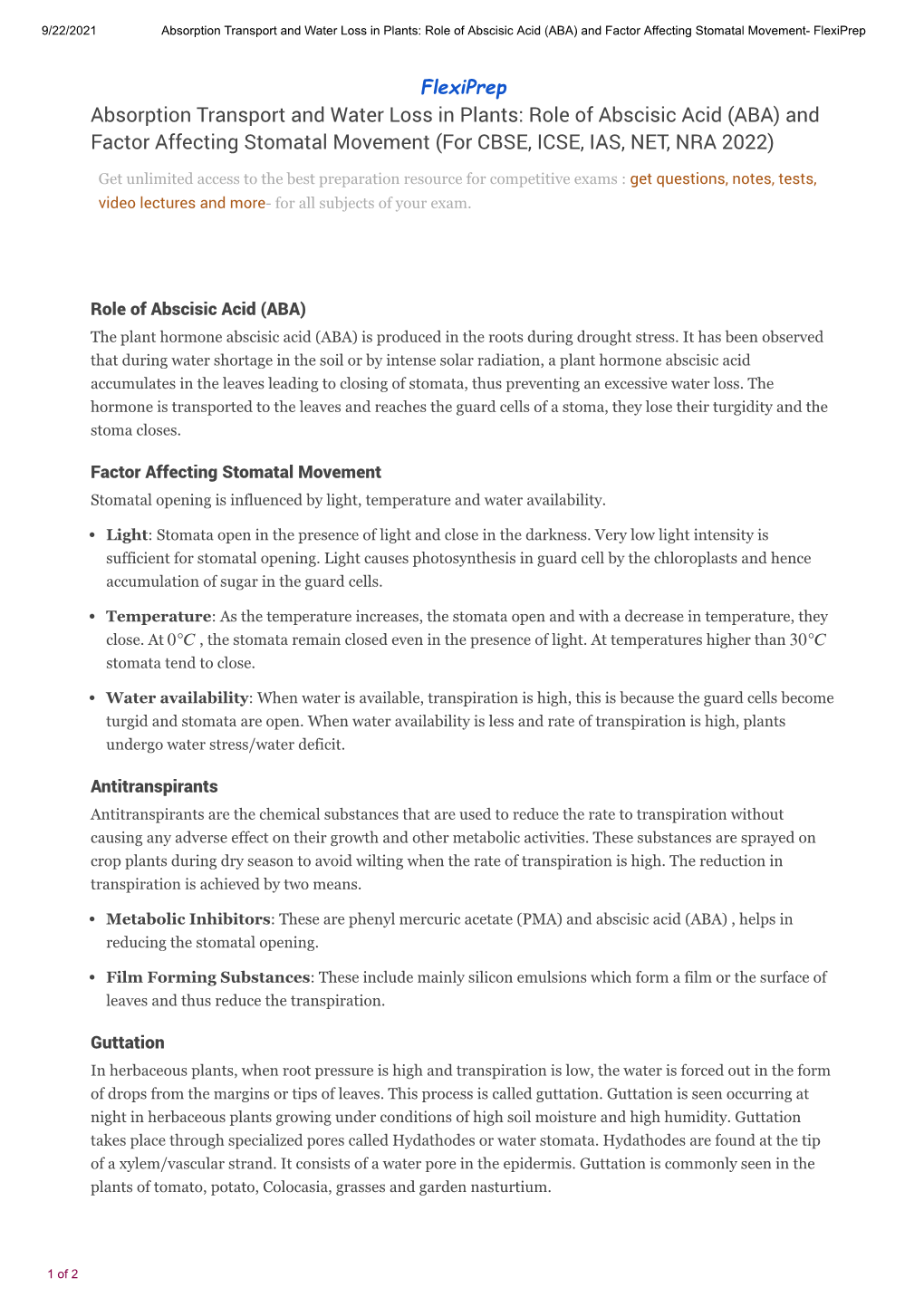 Absorption Transport and Water Loss in Plants: Role of Abscisic Acid (ABA) and Factor Affecting Stomatal Movement- Flexiprep