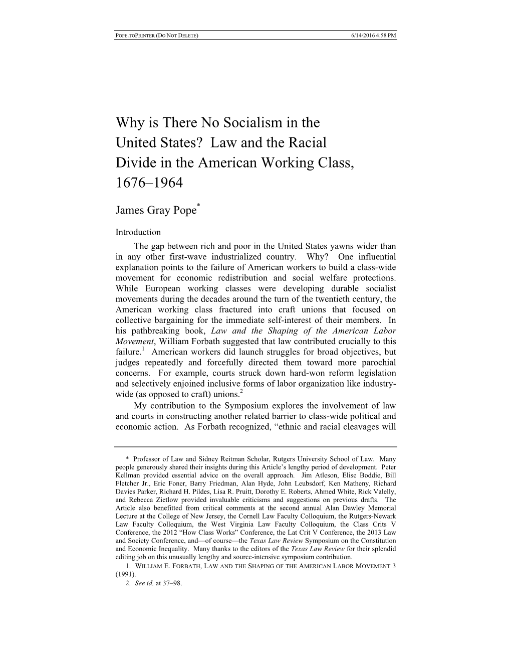 Law and the Racial Divide in the American Working Class, 1676–1964