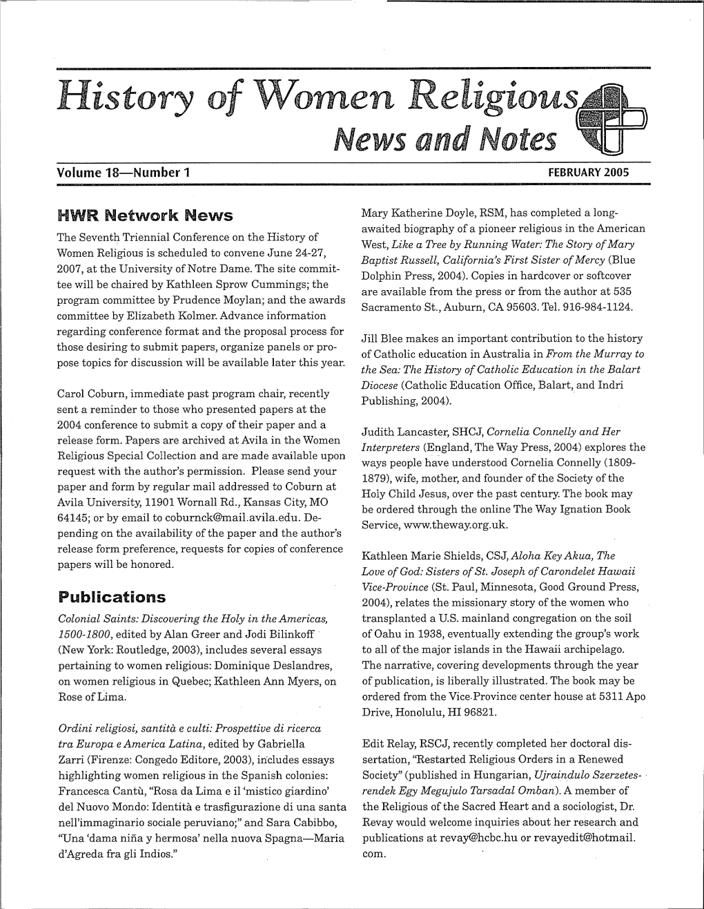 History of Women Religious News and Notes Volume 18-Number 1 FEBRUARY 2005