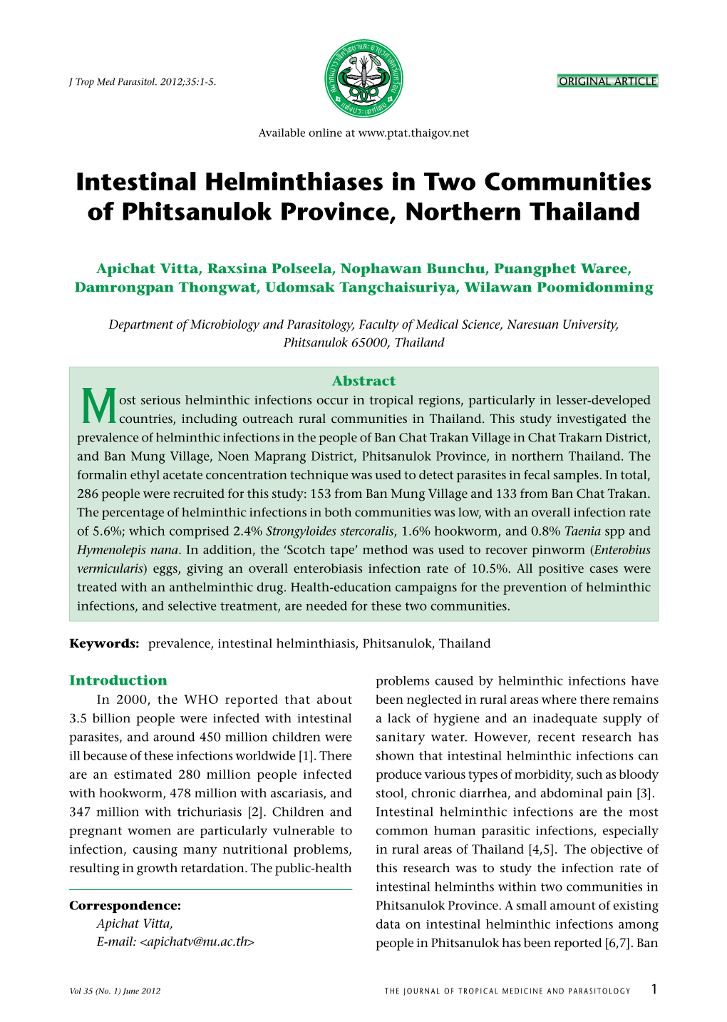 Intestinal Helminthiases in Two Communities of Phitsanulok Province, Northern Thailand