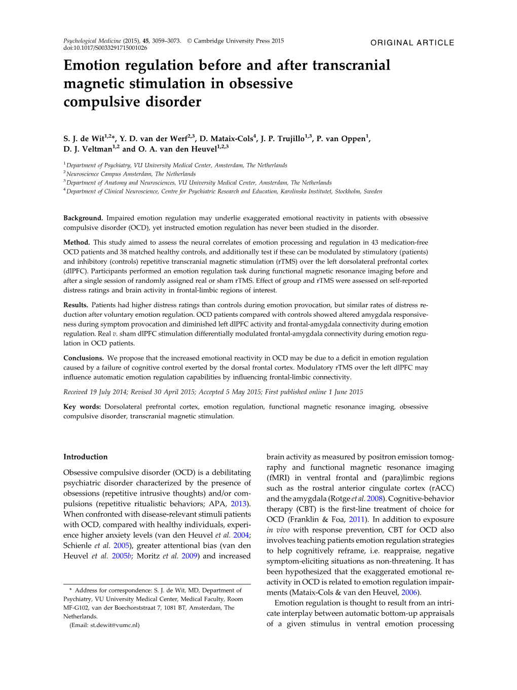 Emotion Regulation Before and After Transcranial Magnetic Stimulation in Obsessive Compulsive Disorder