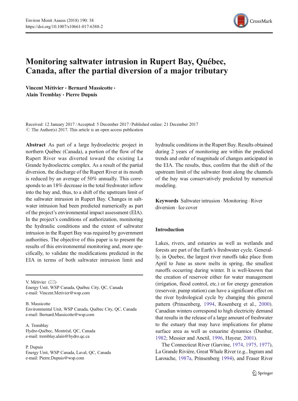 Monitoring Saltwater Intrusion in Rupert Bay, Québec, Canada, After the Partial Diversion of a Major Tributary