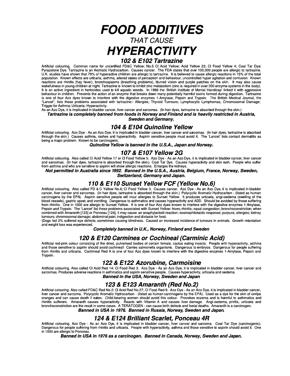 FOOD ADDITIVES THAT CAUSE HYPERACTIVITY 102 & E102 Tartrazine Artificial Colouring