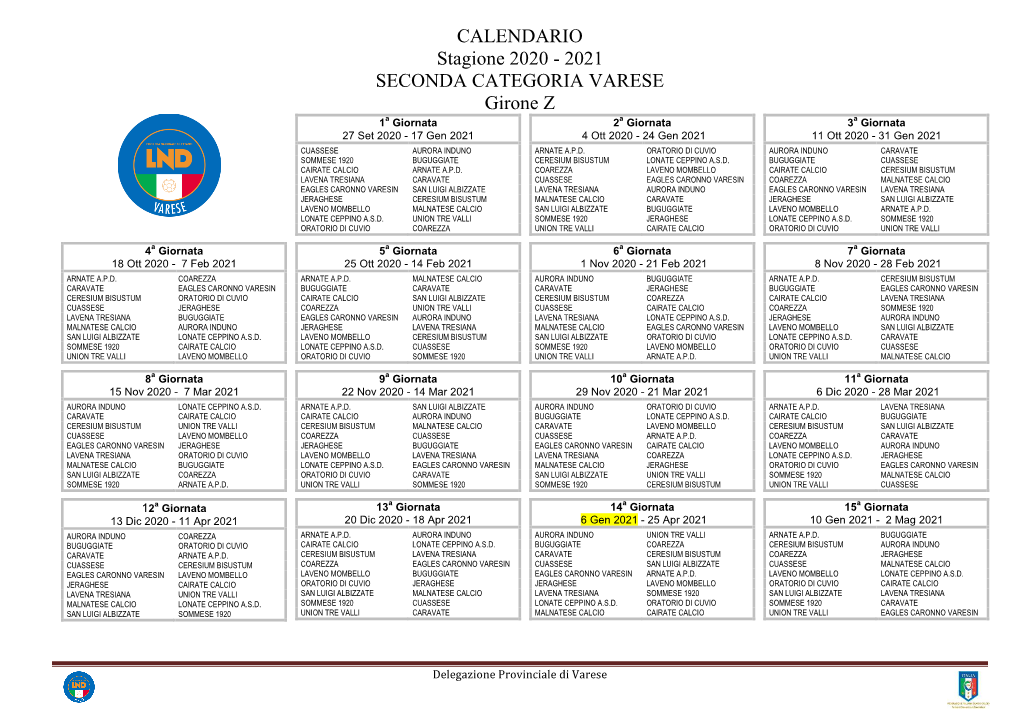 CALENDARIO Stagione 2020