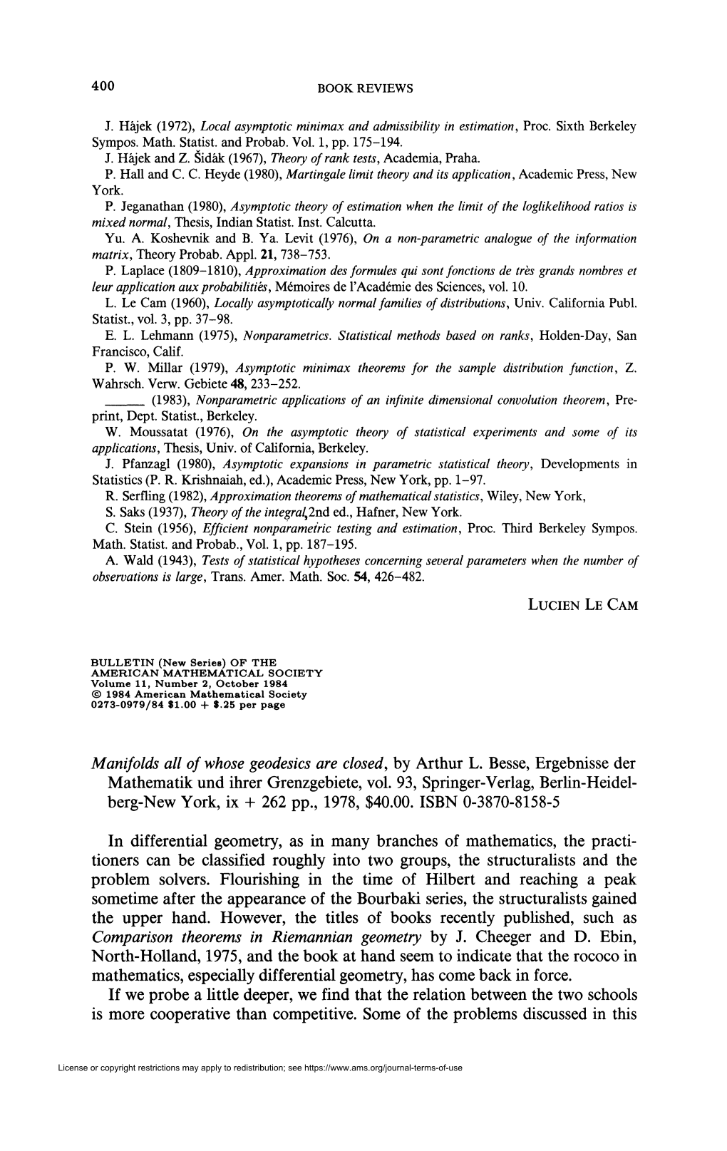 Manifolds All of Whose Geodesies Are Closed, by Arthur L. Besse, Ergebnisse Der Mathematik Und Ihrer Grenzgebiete, Vol